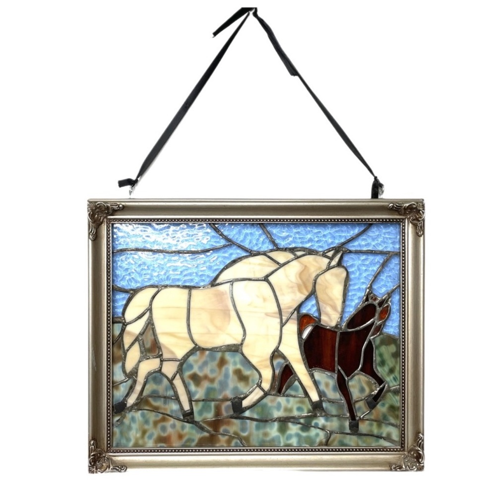 Large Framed Hanging Stained Glass Western Horses Handmade Wall Art 1 of A Kind